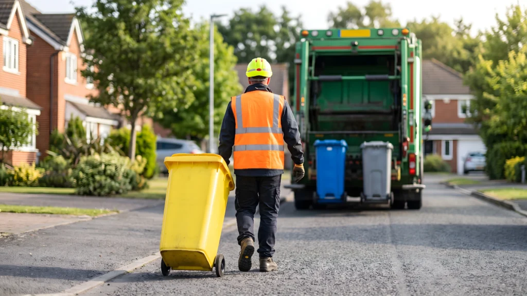 Waste collection worker in a high-visibility orange vest and helmet pushing a yellow trash bin toward a garbage truck on a residential street.